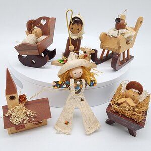 VTG Rustic Wooden Christmas Ornaments Lot Baby Shepherd Bear Church by Gibson